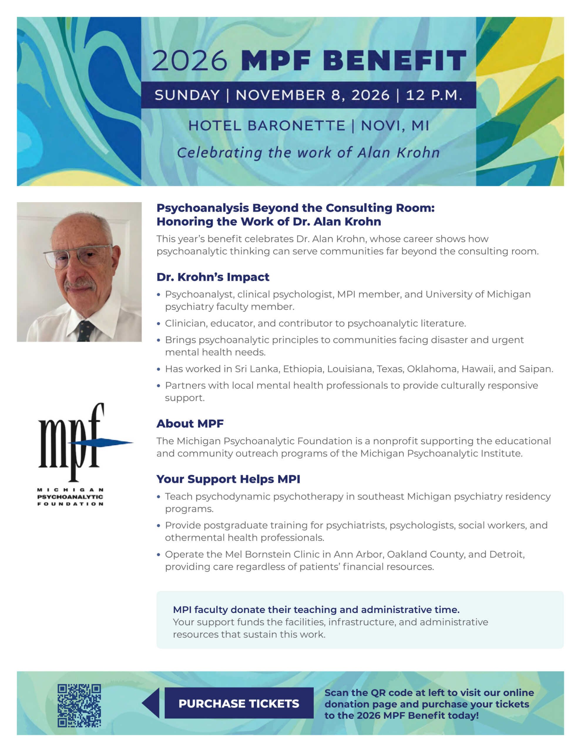 2026 MPF Benefit 
November 8, 12 pm
Hotel Baronette, Novi
Celebrating the work of Alan Krohn, Ph.D.